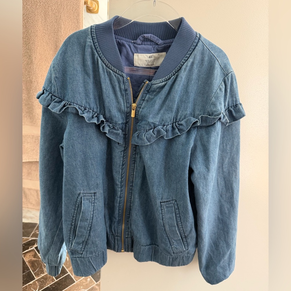 H&M Girls Blue Denim Ruffled Jacket with soft lining, size 8